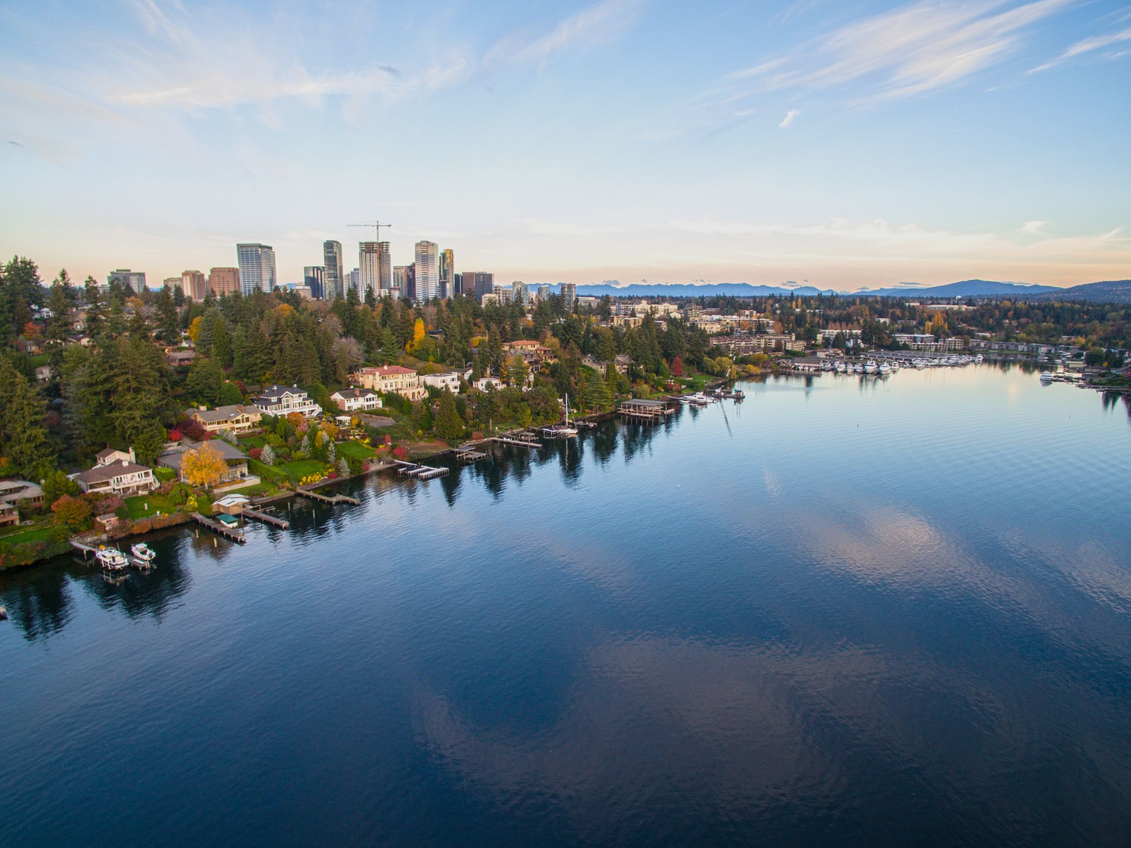 Aerial view of Lake Washington and Bellevue, Washington, with waterfront homes
